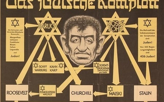 Nazi antisemitic propaganda poster titled “The Jewish Conspiracy” (Das jüdische Komplott), Germany, 1930s.
Source: Zentralverlag der NSDAP (Franz Eher Nachfolger), via Wikimedia Commons (CC BY-SA 4.0).