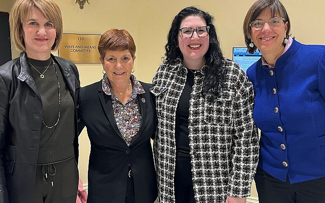 On the front lines of fighting hate - Deborah Miller of JCRCGW, Delegate Linda Foley, Abby Snyder of BJC and Jennifer Laszlo Mizrahi of JFedA-C at the completion of Ways & Means hearing on HB 14. Photo credit and courtesy of Dan Alpert.
