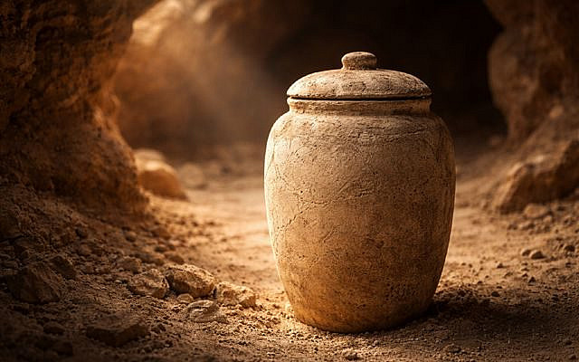 A single ancient clay jar with a rounded body and fitted lid stands on a sandy cave floor. The jar is rough, pale beige, and slightly cracked from age. Soft, warm light enters the cave from the side, casting gentle shadows and highlighting the texture of the pottery. The background is minimal and out of focus, suggesting a quiet desert cave, with no people or writing visible. (OpenAI © This image is free for commercial or non-commercial use.)