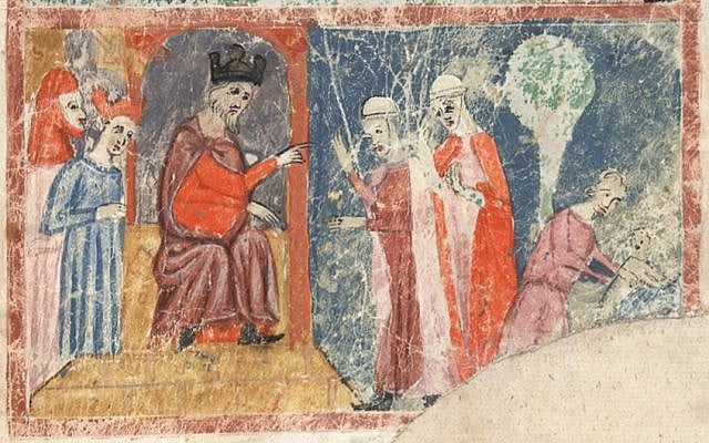 Pharaoh ordering the midwives, the casting of the male children into the Nile (Passover Haggadah, 14th century via Wikimedia)