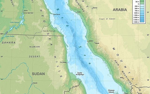 Topographic map in English of the Red Sea, UTM projection