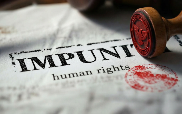 Legal stamp for impunity of human rights offenders. 
(genaicreative.art generated by Harriet Gimpel)