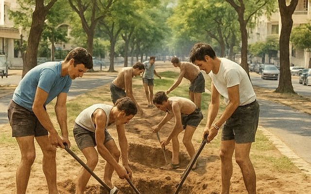 genaicreative.art generated depiction: Digging Bunkers on Rothschild Blvd., 1967