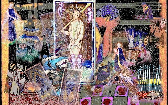 Messiah Tarot-Reading Montage; image colorized and modified by the author, all layers obtained from Wikimedia Commons with base layer, RWS1909 - Swords 09 and most others from the Cary-Yale Tarot collection, in the public domain.