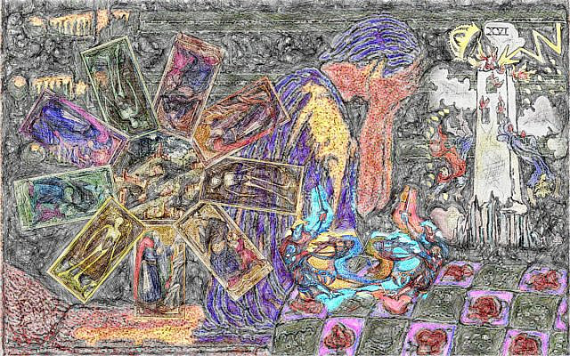 Messiah Montage, Tarot Reading 2; image colorized and modified by the author, all layers obtained from Wikimedia Commons with base layer from the Waite-Smith set, Nine of Swords, and other images from the Charles VI set, the Bembo-Visconti set, and others, all in the public domain.