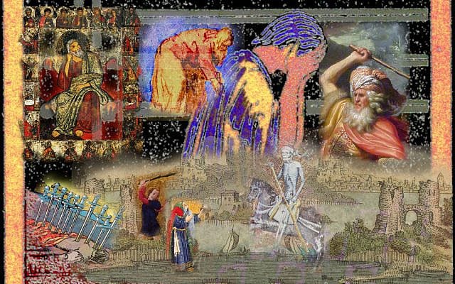Messiah Montage, Prophets in Conflict; image colorized and modified by the author, all layers obtained from Wikimedia Commons with base layer from the Waite-Smith set, Nine of Swords, plus other tarot cards, and images by Rembrandt and others, all in the public domain.