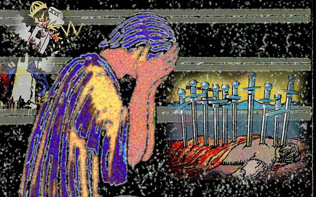 Messiah Montage, The Tower; image colorized and modified by the author, all layers obtained from Wikimedia Commons with base layer from  the Waite-Smith set, Nine of Swords, plus Waite-Smith Ten of Swords and RWS Tower, all in the public domain.