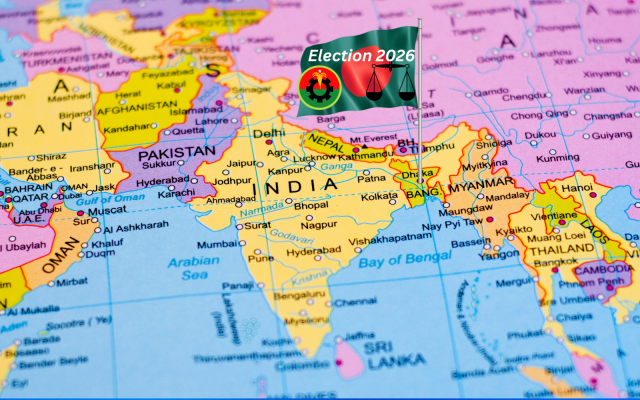 Illustration: Map highlighting Bangladesh ahead of the 2026 national election. Composite image created by the author using Canva-licensed design elements. Political symbols sourced from Wikipedia for editorial illustration.