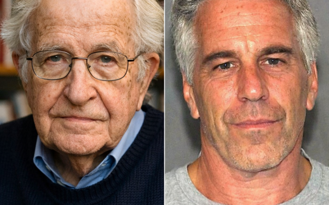 Left: Noam Chomsky (Wikimedia Commons). Right: Jeffrey Epstein mugshot (Florida Department of Law Enforcement).