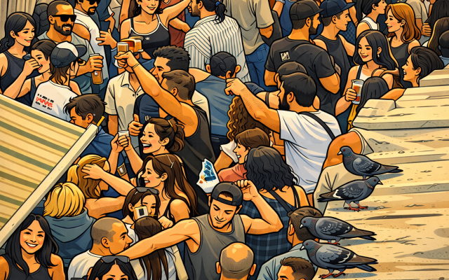 An illustrated version of the original photograph that faithfully preserves the scene while protecting the privacy of the people depicted