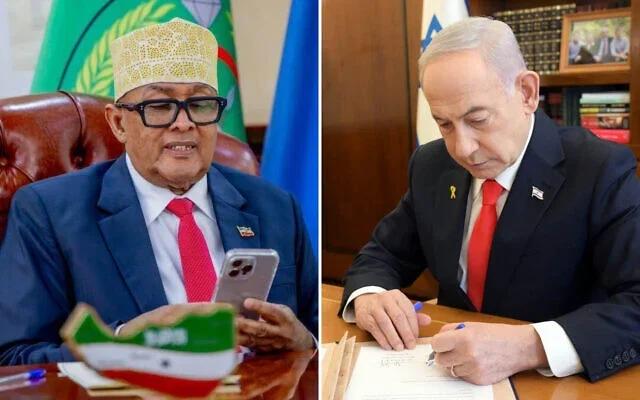 Somaliland's President Abdirahman Mohamed Abdullahi (left) speaks to Prime Minister Benjamin Netanyahu in a photo released on December 26, 2025, by the Israel Government Press Office; Prime Minister Benjamin Netanyahu (right) signs Israel's declaration to recognize the Republic of Somaliland as an independent state, December 26, 2025. (Amos Ben Gershom/GPO)