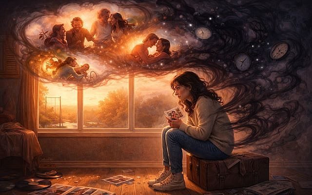 A wide, landscape digital illustration shows a young woman sitting on a vintage suitcase in a softly lit room at sunset, holding an old photograph and looking thoughtfully toward a large window. Warm golden light fills the left side of the scene, where glowing, joyful memories of friends and happy moments swirl above her head like bright clouds. On the right side, darker smoky shapes and floating clock faces curl around her, symbolizing anxiety and the passage of time. Photo albums and vinyl records lie scattered on the wooden floor, reinforcing themes of memory and the past. The contrast between the warm luminous memories and the dark swirling shadows visually represents the emotional tension between comfort and unease associated with nostalgia. (OpenAI © This image is free for commercial or non-commercial use.)
