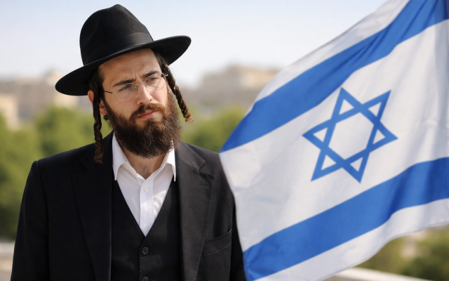 An Orthodox Jewish man stands in quiet uncertainty before the Israeli flag, capturing a moment of inner conflict and reflection. (AI-generated) An Orthodox Jewish man stands in quiet uncertainty before the Israeli flag, capturing a moment of inner conflict and reflection. (AI-generated)