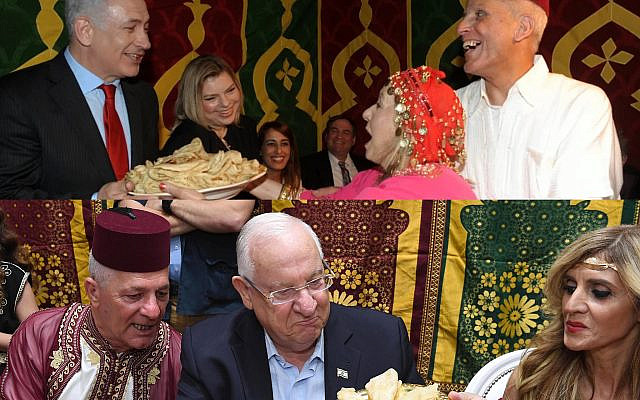 A collage of two images: the upper photo shows Benjamin Netanyahu and Sara Netanyahu celebrating Mimouna, the traditional Moroccan Jewish holiday marking the end of Passover (Amos Ben Gershom/Flash90). The lower photo features former Israeli president Reuven Rivlin at a Mimouna celebration in 2023 (Mark Neiman/GPO).