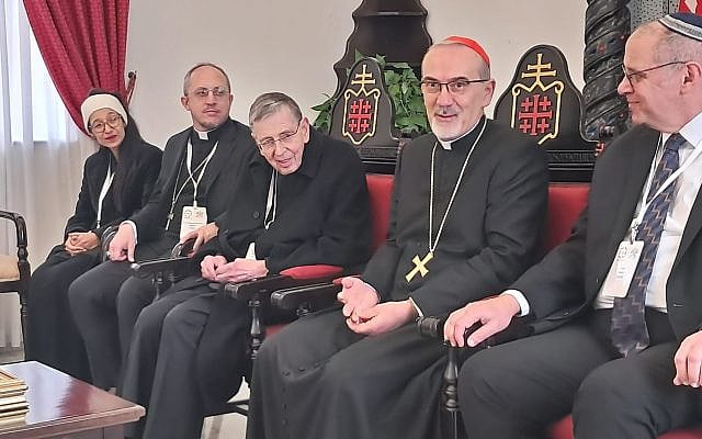 Mark Dratch(right), meeting at the Latin Patriarchate of Jerusalem with (right to left) Cardinal Pierbattista Pizzaballa, Cardinal Kurt Koch, Archbishop Flavio Pace, and Rabbi Tamar Elad-Appelbaum