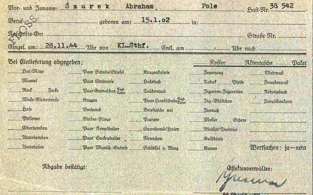 Stutthof concentration camp intake form for Avraham Szurek, dated November 28, 1944. Prisoner #33542. The handwritten “FLOSS.” in the corner indicates his transfer to Flossenbürg. From Edna Brill's personal collection.