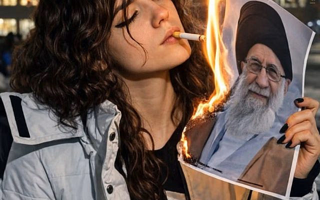 A woman burns a photo of Iran's Supreme Leader Ayatollah Ali Khamenei and uses it as a cigarette lighter. /X