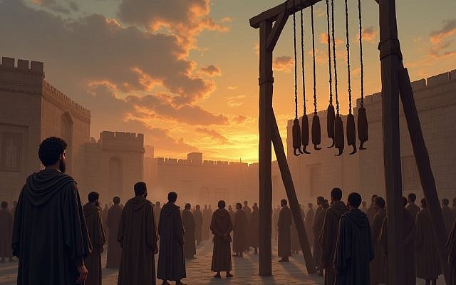 Illustration of hanging of Haman's sons generated by AI