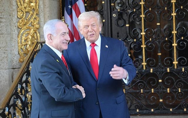 US President Donald Trump and Prime Minister Benjamin Netanyahu meet at Mar-a-Lago in Palm Beach, Florida, December 29, 2025. (Amos Ben-Gershom/GPO)