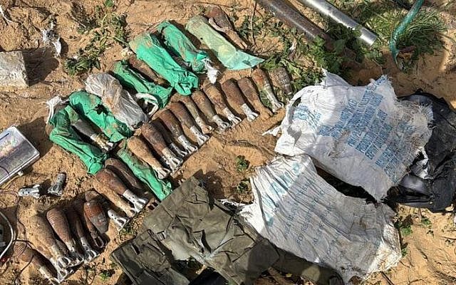 IDF discovers mortars and rockets hidden in UNRWA-labelled aid in southern Gaza, February 3 2026. (IDF)