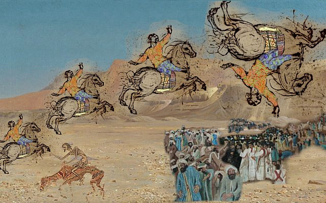 Abu Isa Ascends; his followers fall; image colorized and modified by the author, all layers obtained from Wikimedia Commons with base layer, Rider and Steed in the Desert by Gerome; with layers of Church of Saint Simon, Muquattam Cairo Egypt10, and Horse and Rider - MET80.3.345, all in the public domain.