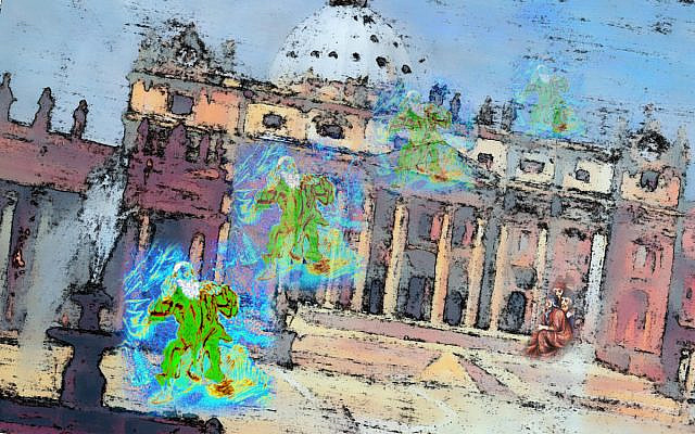 Messiah Fade Away; image composed, colorized and modified by the author, all layers obtained from Wikimedia Commons with base layer, Vatican, St. Peter’s Basilica, by Farroukh, all in the public domain.