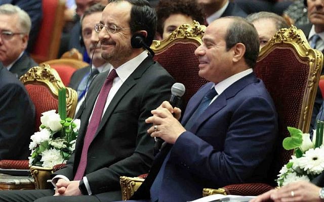 Cyprus' President Nikos Christodoulides and Egypt's President Abdel Fattah Al-Sisi attend the EGYPES 2026 energy exhibition at the International Exhibition Centre on March 30, 2026. Credit: AFP