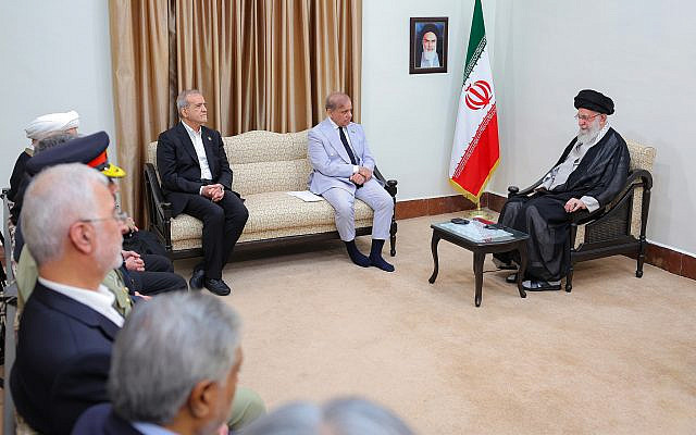 Khamenei, Pezeshkian, and the Pakistani Prime Minister in a meeting.
