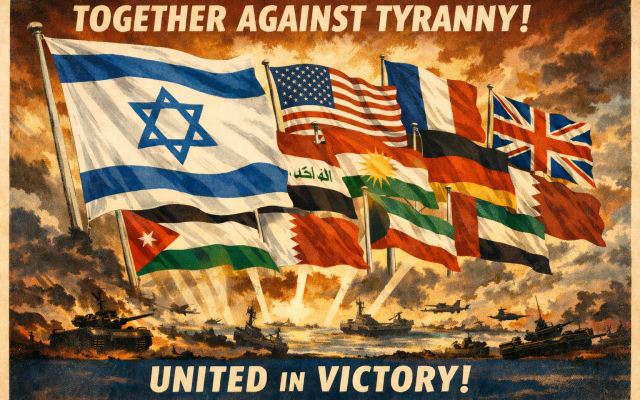 A mock, WWII-style poster featuring some of the countries in Israel's international coalition against Iran, original artwork