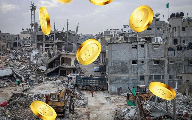 Bitcoins flying over Eastern Gaza City, six months after 2014's Operation Protective Edge (Gaza photo: Aaed Tayeh/ Flash90; composite by The Times of Israel)