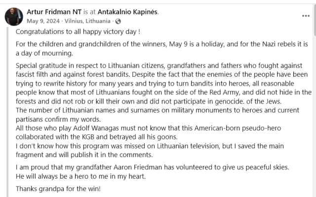 Artur Fridman's Facebook post which earned him two criminal charges by Lithuania. Screenshot from Facebook.
