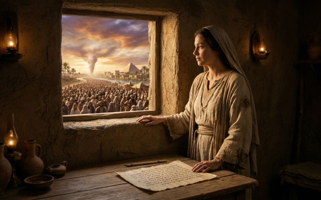 A woman watches the Israelites leaving Egypt from her window (AI-generated,  courtesy)
