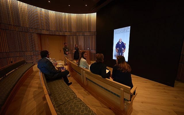 Demonstrating “Dimensions in Testimony” during the opening of the new Education Center at the Holocaust Memorial Miami Beach.