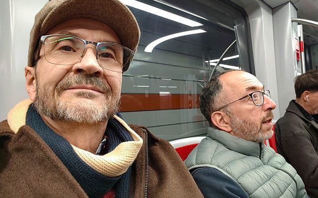 Simon and me on the U-bahn in Nuremberg, Germany, on our way to Synagogue.