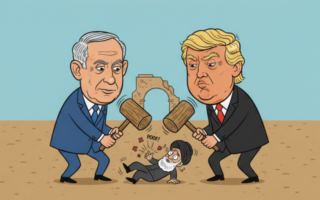 A minimalist political caricature portraying Donald Trump and Benjamin Netanyahu striking Iran’s Supreme Leader Ali Khamenei in a satirical depiction of the joint US-Israeli operation that led to his killing, rendered in exaggerated editorial cartoon style. (AI-generated)