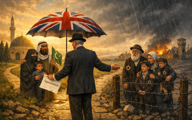 Metaphorical Illustration of Britain's Appeasement of Muslims at Jews' Expense (Photo generated with ChatGPT)