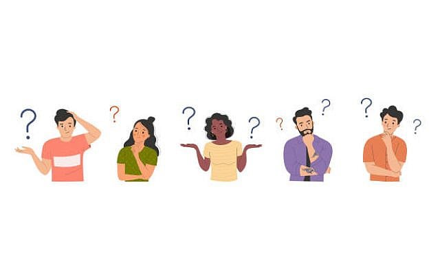 Different young women and men surrounded by a question mark. Flat style cartoon vector illustration.