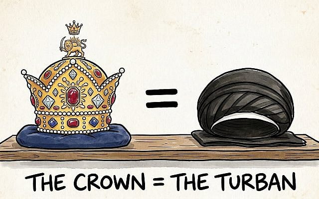 The turban has become, functionally, a crown. (AI-generated)