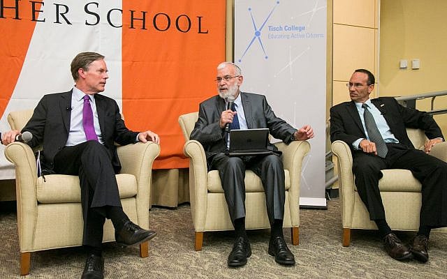 09/10/2015 - Medford/Somerville, Mass. - Jacob Amidror, former National Security Advisor to to the Prime Minister of Israel and Head of the National Security Council, center, with Nicholas Burns, Professor of the Practice of Diplomacy and International Relations at Harvard Kennedy School of Government, left, and Yehuda Yaakov, Consul General of Israel for New England, speaks out against the recent Iran nuclear deal at a discussion titled, "Inside the Iran Nuclear Deal," on Sept. 10, 2015. (Kelvin Ma/Tufts University)