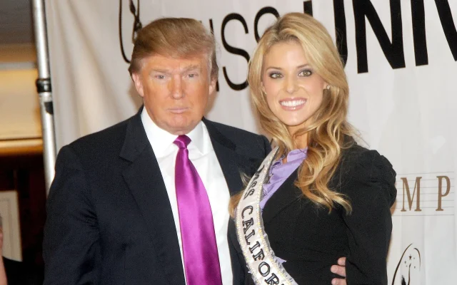 Donald Trump and Carrie Prejean Boller attend a press conference at Trump Tower on May 12, 2009, in New York City. (George Napolitano/FilmMagic via JTA)