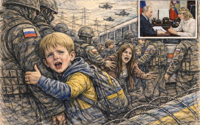 AI-generated illustration for the article “A Modern ‘Banality of Evil’: UN Calls Russia’s Deportation of Ukrainian Kids a Crime.” AI-generated illustration for the article “A Modern ‘Banality of Evil’: UN Calls Russia’s Deportation of Ukrainian Kids a Crime.”