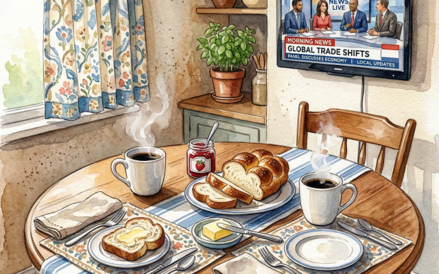 Breakfast and the news (generated on genaicreative.art by Harriet Gimpel)