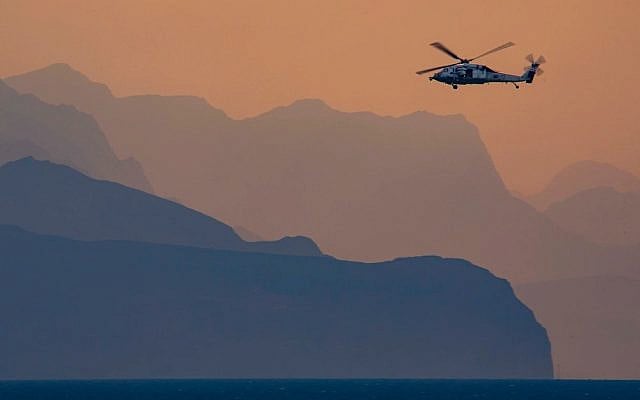 A MH-60S Sea Hawk helicopter, attached to the “Dusty Dogs” of Helicopter Sea Combat Squadron (HSC) 7, patrols the Strait of Hormuz, Dec 14, 2023. Petty Officer 3rd Class Keith Nowak. Defense Visual Information Distribution Service (DVIDS)