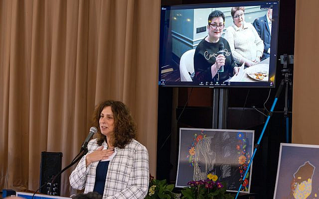 Debbie Kardon in Neeedham, MA and Ella Goncharova in Dnipro, Ukraine  presenting at Action-PSJ's 50th Event. April '25 Photo Courtesy of APSJ