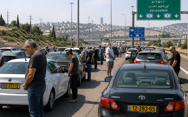 Rendered illustration of traffic halted on Kvish 1 as drivers stand beside their cars during the Yom HaZikaron siren, heads bowed in silence.