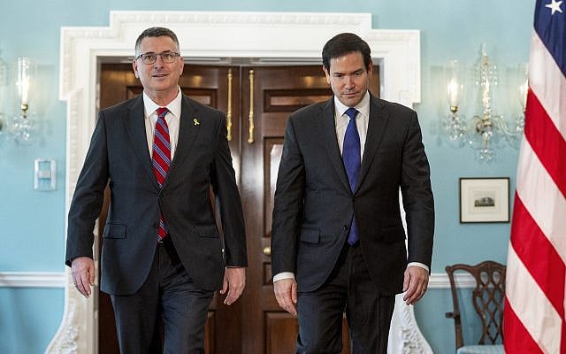 Secretary of State Marco Rubio, right, meets with Israeli Foreign Minister Gideon Sa'ar, at the State Department in Washington, Wednesday, Aug. 27, 2025. (AP Photo/Cliff Owen)