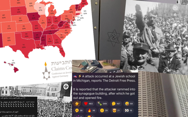 A composite image illustrating the dangerous cycle of historical amnesia and modern hate. The collage juxtaposes historical photos of Nazi rallies with present day evidence of antisemitism, including a Claims Conference map detailing youth ignorance of the Holocaust, swastika vandalism in a school, and social media screenshots showing users celebrating an attack on a Jewish institution.