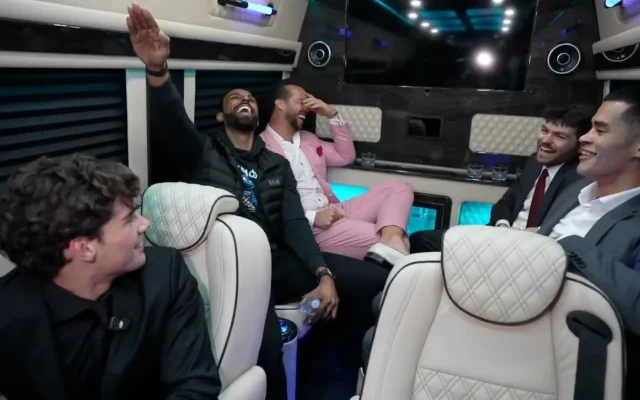 Far-right influencers head to Vendome in Miami Beach, Jan. 17, 2026. From left: Clavicular, Myron Gaines, Tristan Tate, Nick Fuentes, Sneako. (Screenshot via JTA)