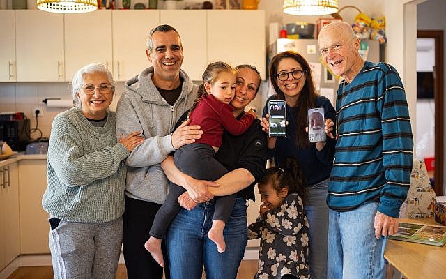 The author’s family celebrates Alma’s third birthday in Kramim on March 31, 2026, the day before this year’s Seder. Second from the left is Omri Miran, who was released from captivity on October 13, 2025. (Sagiv Tal)
