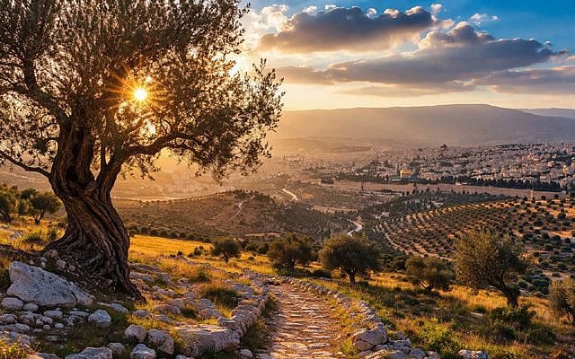A wide, sunlit landscape of rolling hills and terraces at golden hour, with an ancient olive tree in the foreground overlooking a winding stone path. In the distance, a calm body of water reflects the warm light of the setting sun beneath a softly clouded sky. (OpenAI © This image is free for commercial or non-commercial use.)